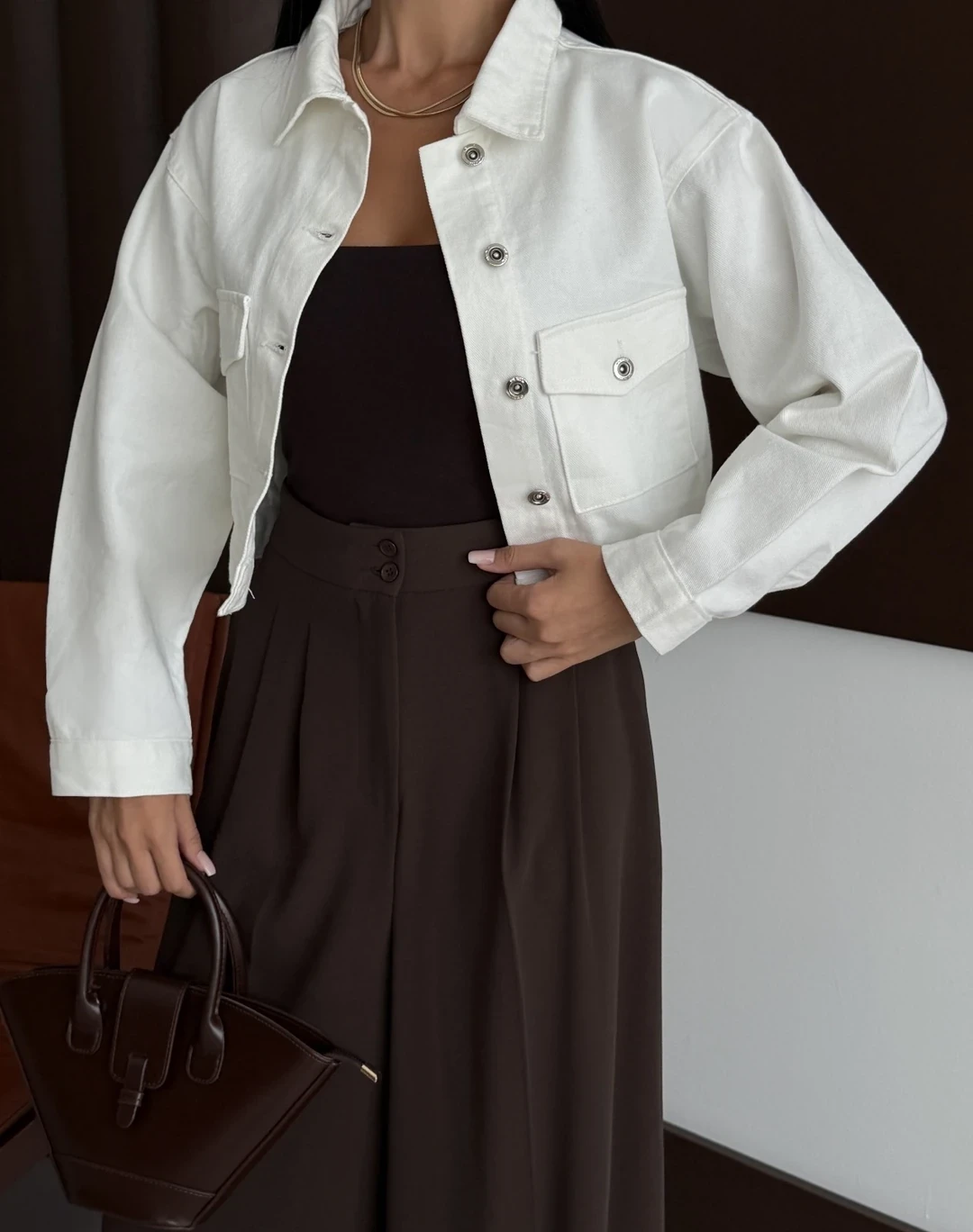 Çift Cep Denim Crop Ceket Beyaz