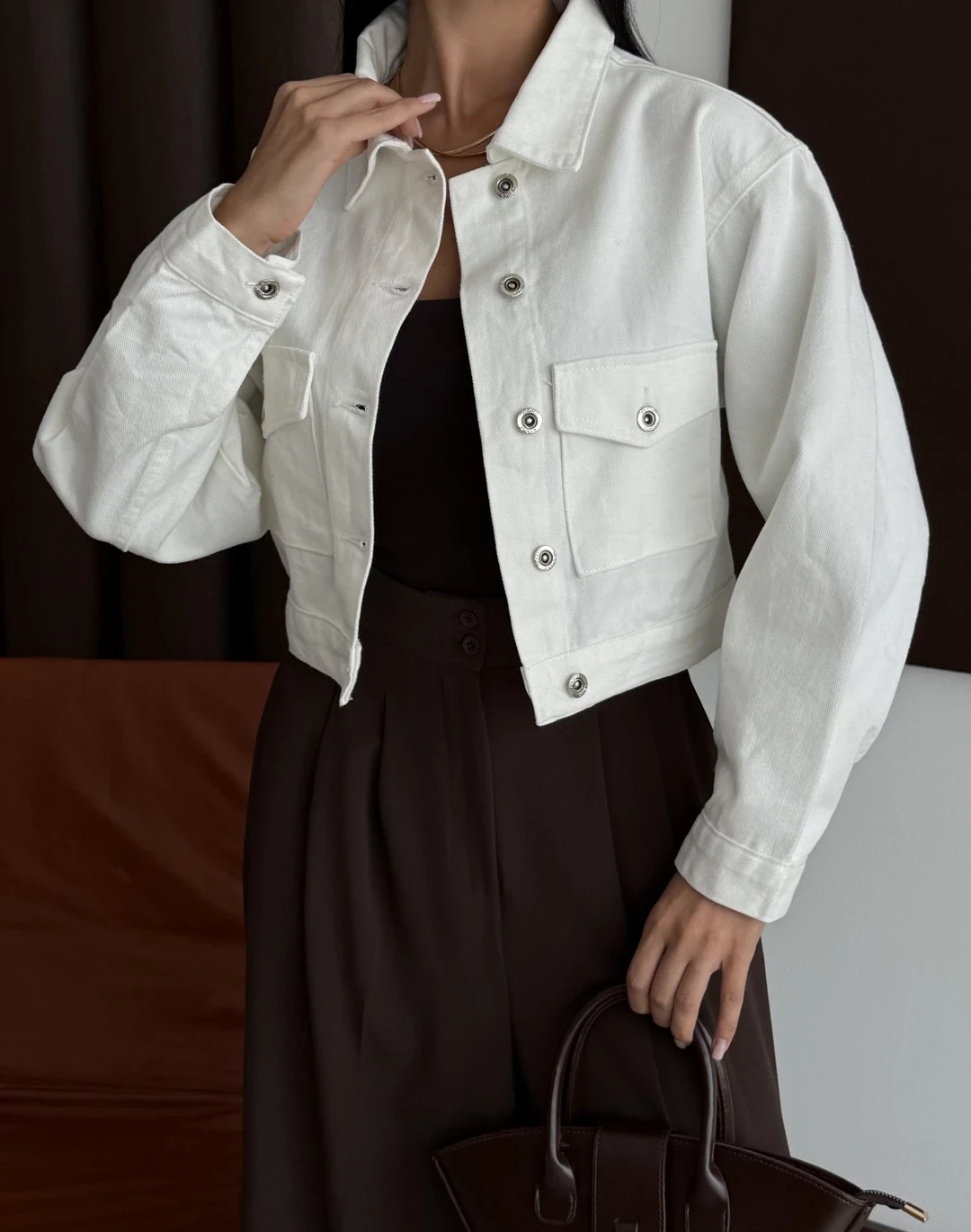 Çift Cep Denim Crop Ceket Beyaz