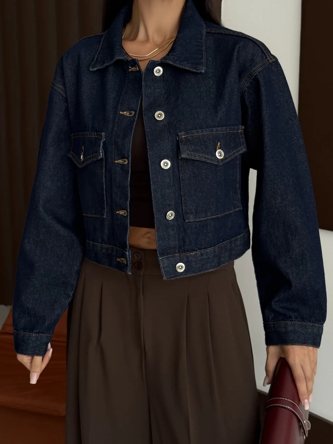 Çift Cep Denim Crop Ceket Lacivert