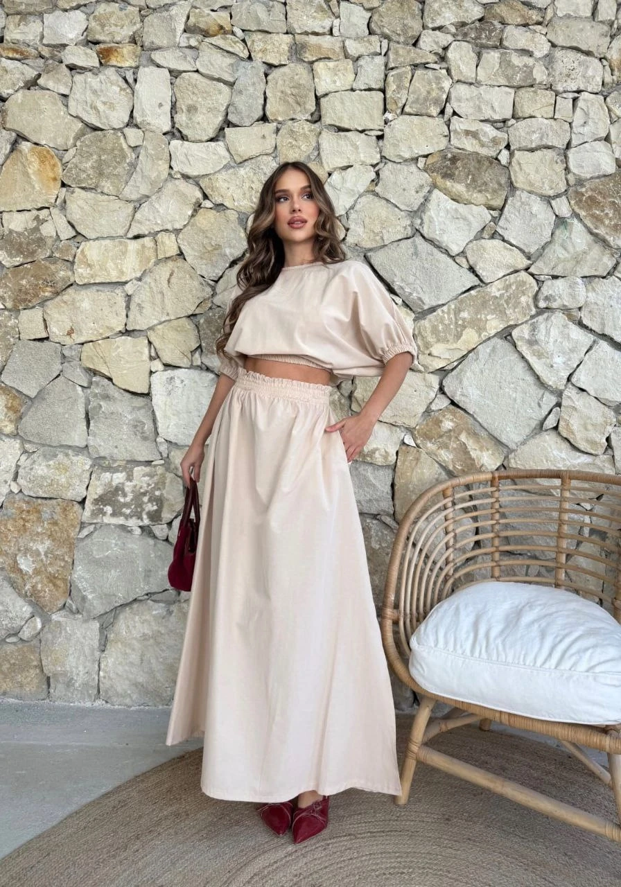 Crop Bluz ve Etek Alt Üst Takım Bej