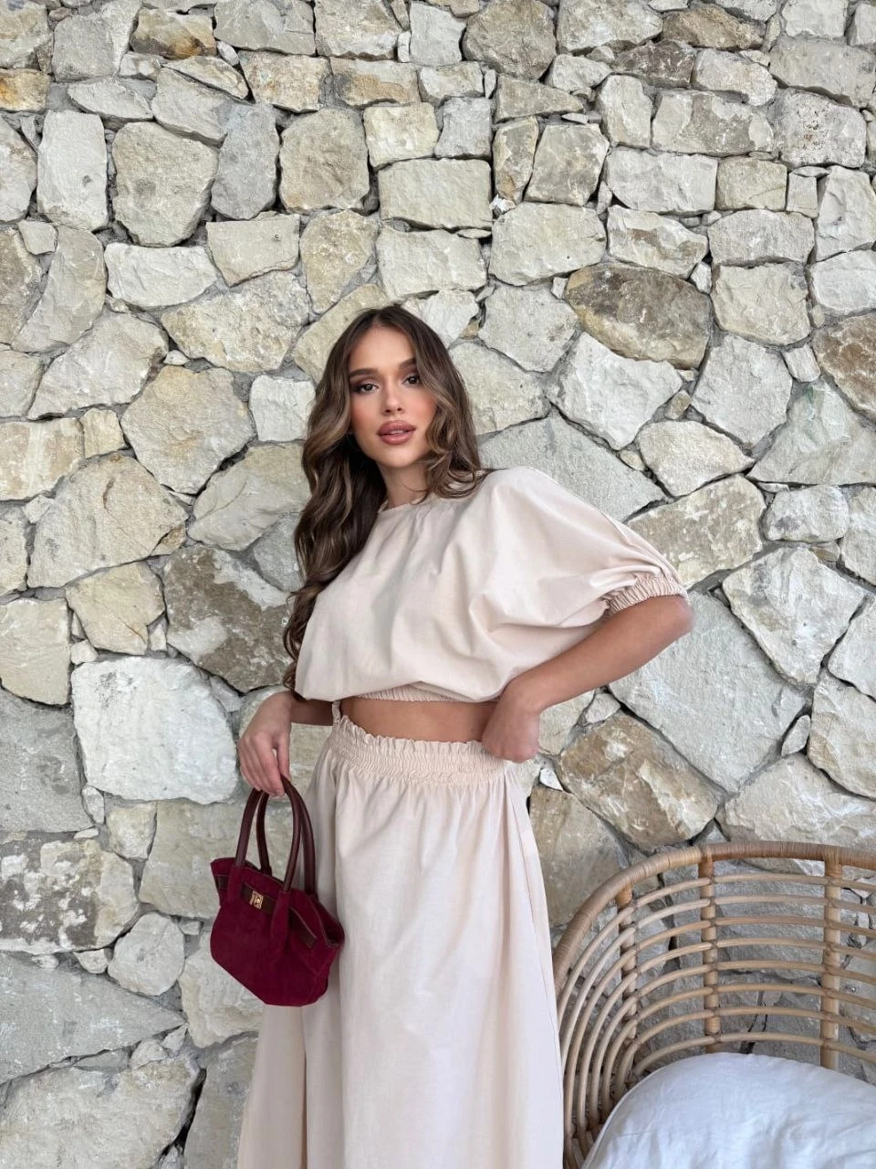 Crop Bluz ve Etek Alt Üst Takım Bej