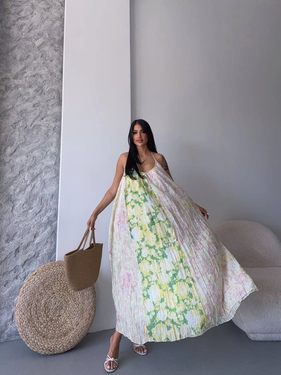 Desen Bloklu Askılı Elbise