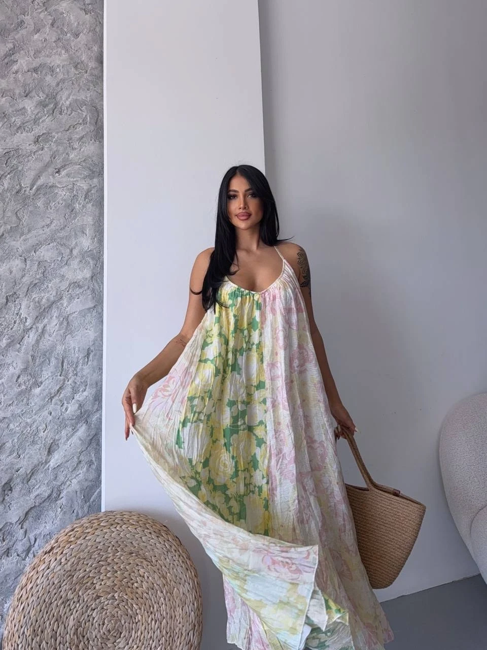 Desen Bloklu Askılı Elbise