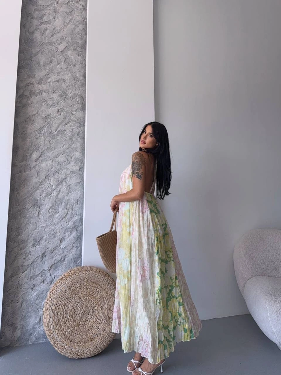 Desen Bloklu Askılı Elbise