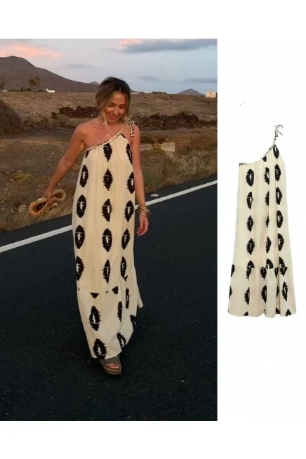 Desenli Tek Omuz Detay Elbise