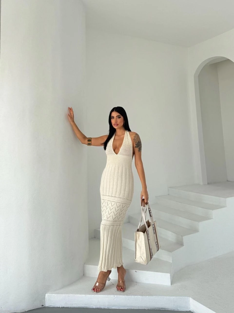 Desenli Triko Elbise Krem