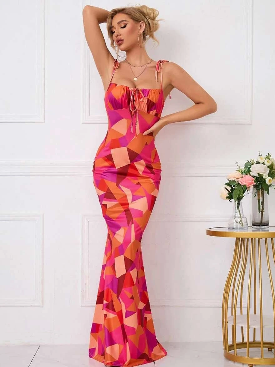 Dijital Baskı Likralı Drape Detay Maxi Elbise