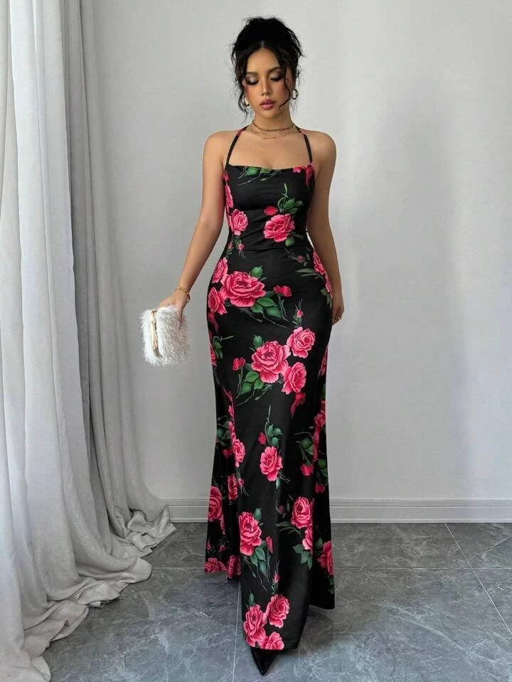 Dijital Baskı Sırt Detay Full Likra Maxi Elbise