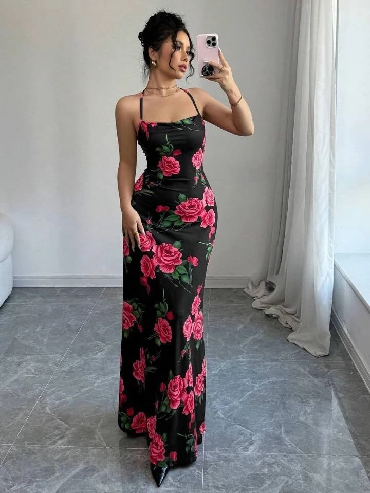 Dijital Baskı Sırt Detay Full Likra Maxi Elbise