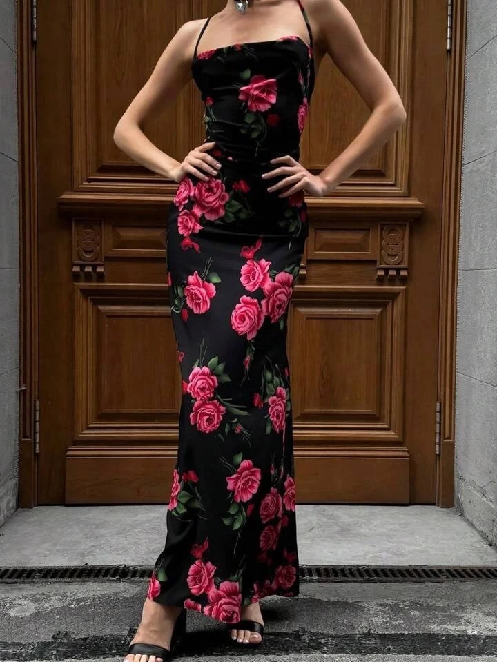 Dijital Baskı Sırt Detay Full Likra Maxi Elbise