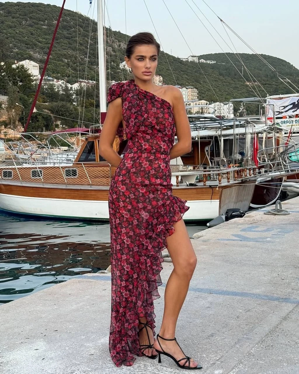 Dijital Baskılı Drapeli Astarlı Maxi Elbise Bordo