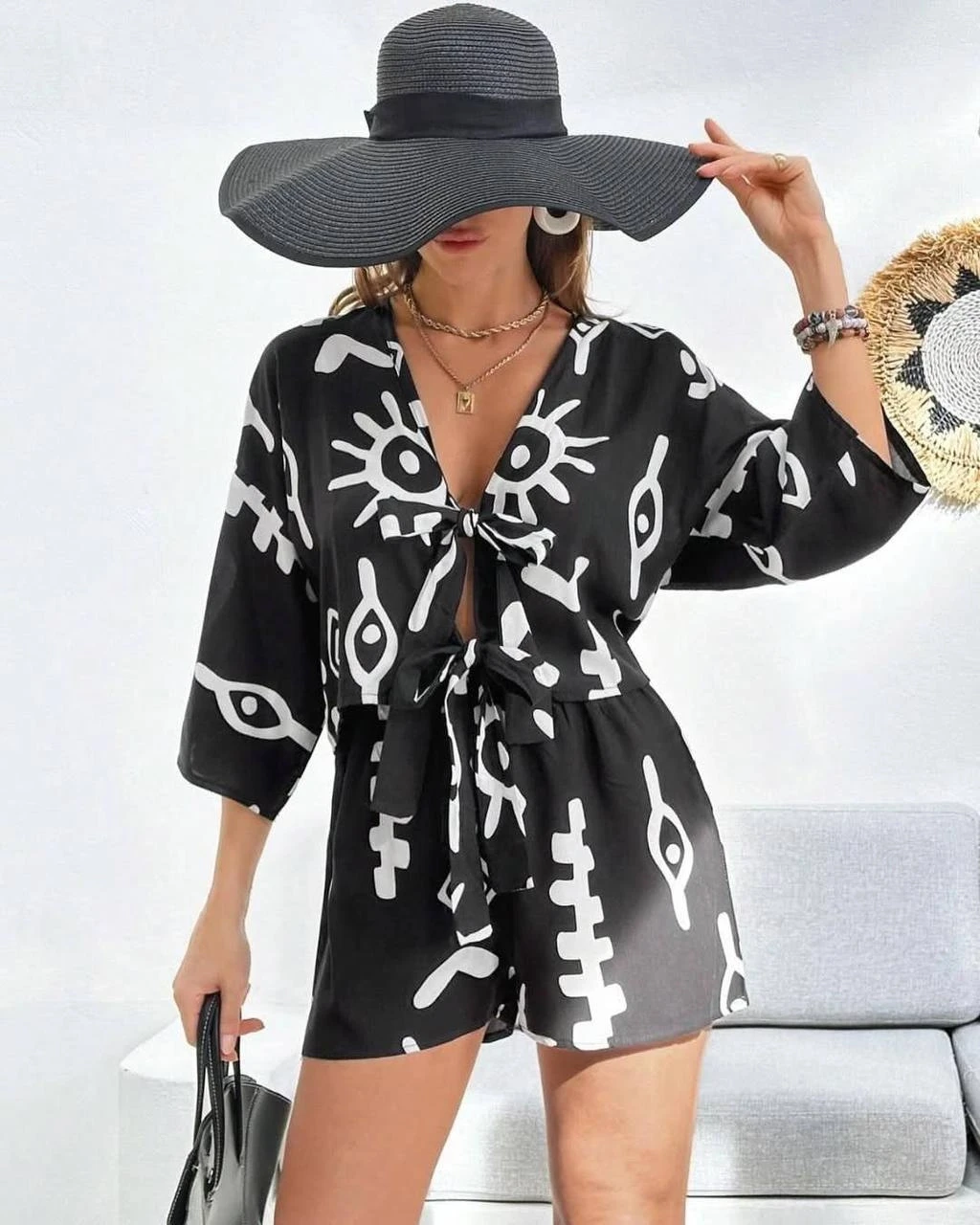 Dokuma Viskon Şortlu Takım Siyah