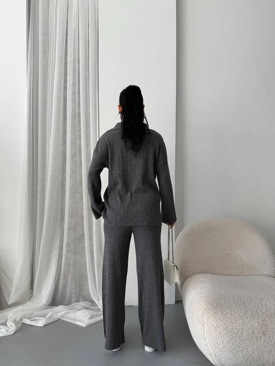 Düğmeli Ceket Yaka Triko Takım Gri