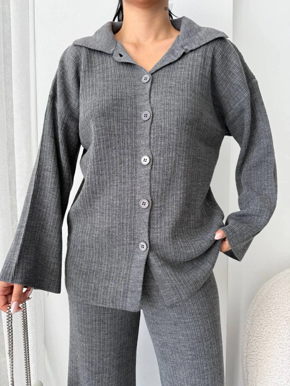 Düğmeli Ceket Yaka Triko Takım Gri