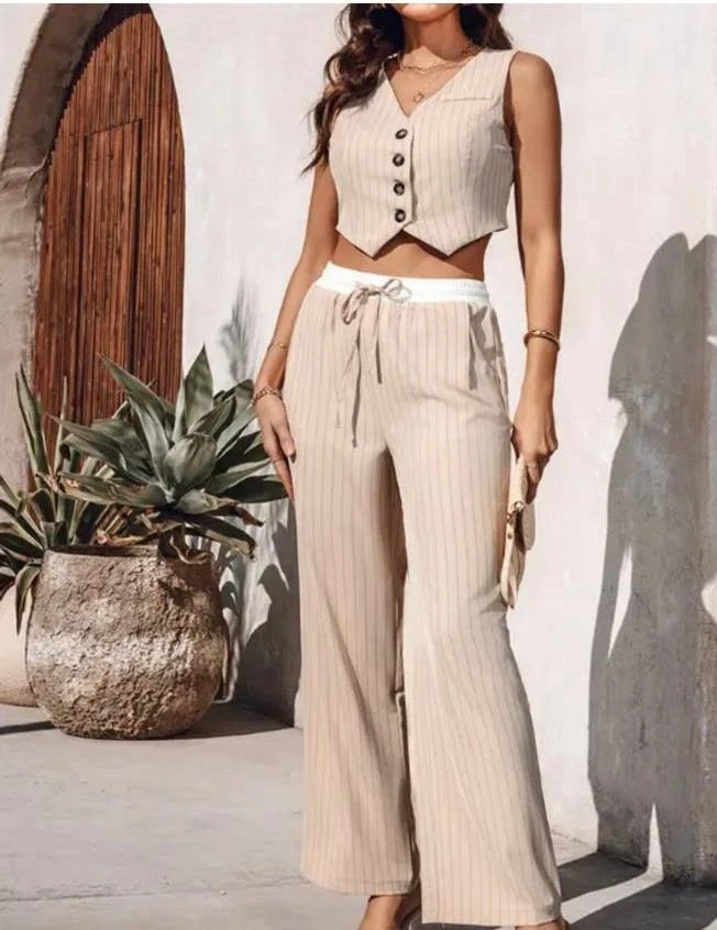 Düğmeli Kordon Detay Yelekli Takım