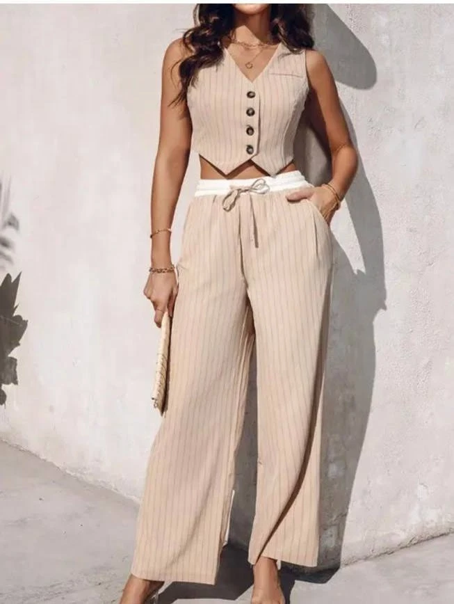 Düğmeli Kordon Detay Yelekli Takım