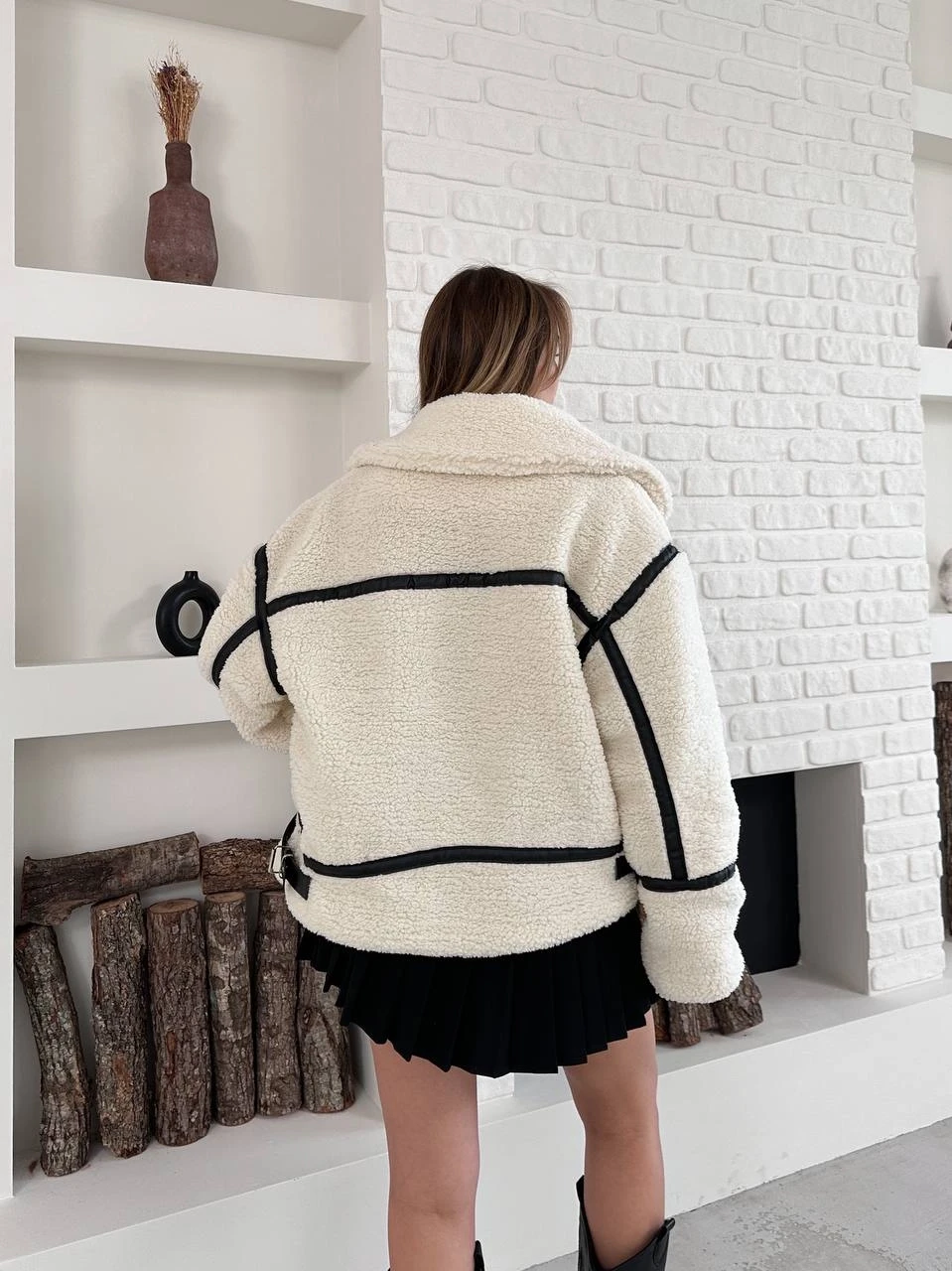 Ekru Oversize Toka Detay Peluş Kaban