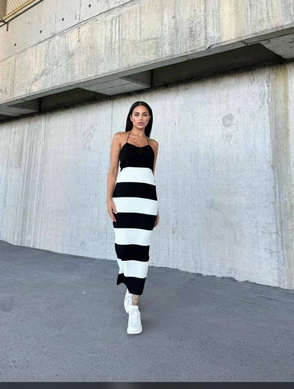 Elbise ve Hırka Çizgili Triko Takım