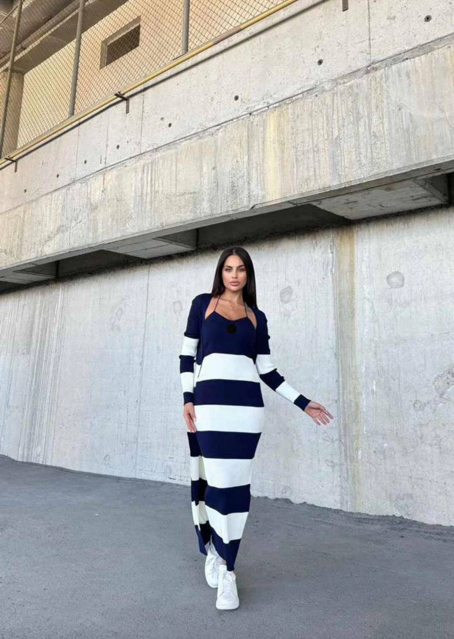Elbise ve Hırka Çizgili Triko Takım