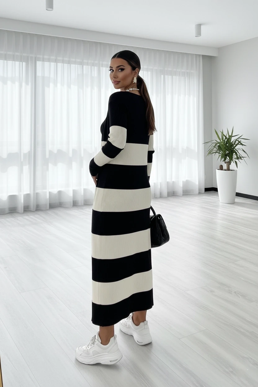 Elbise ve Hırka Çizgili Triko Takım