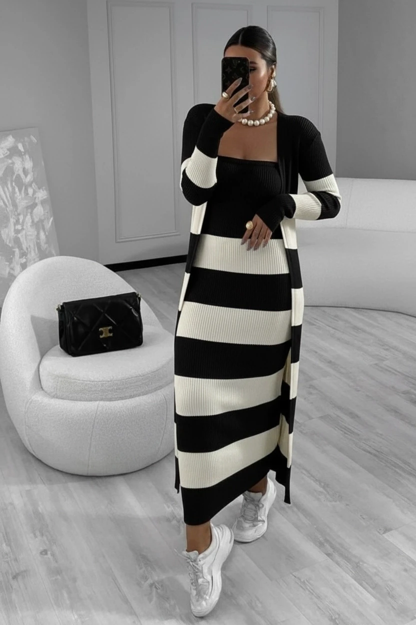 Elbise ve Hırka Çizgili Triko Takım