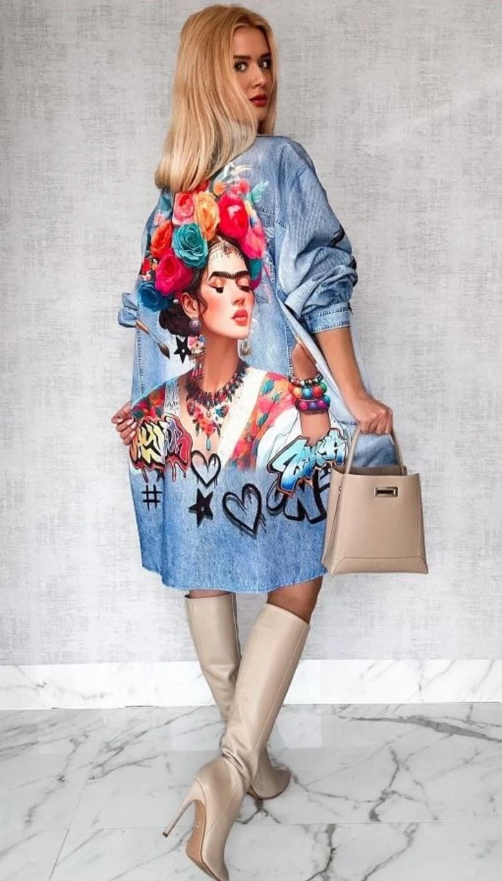 Frid@ Baskılı Jeans Efektli Tunik