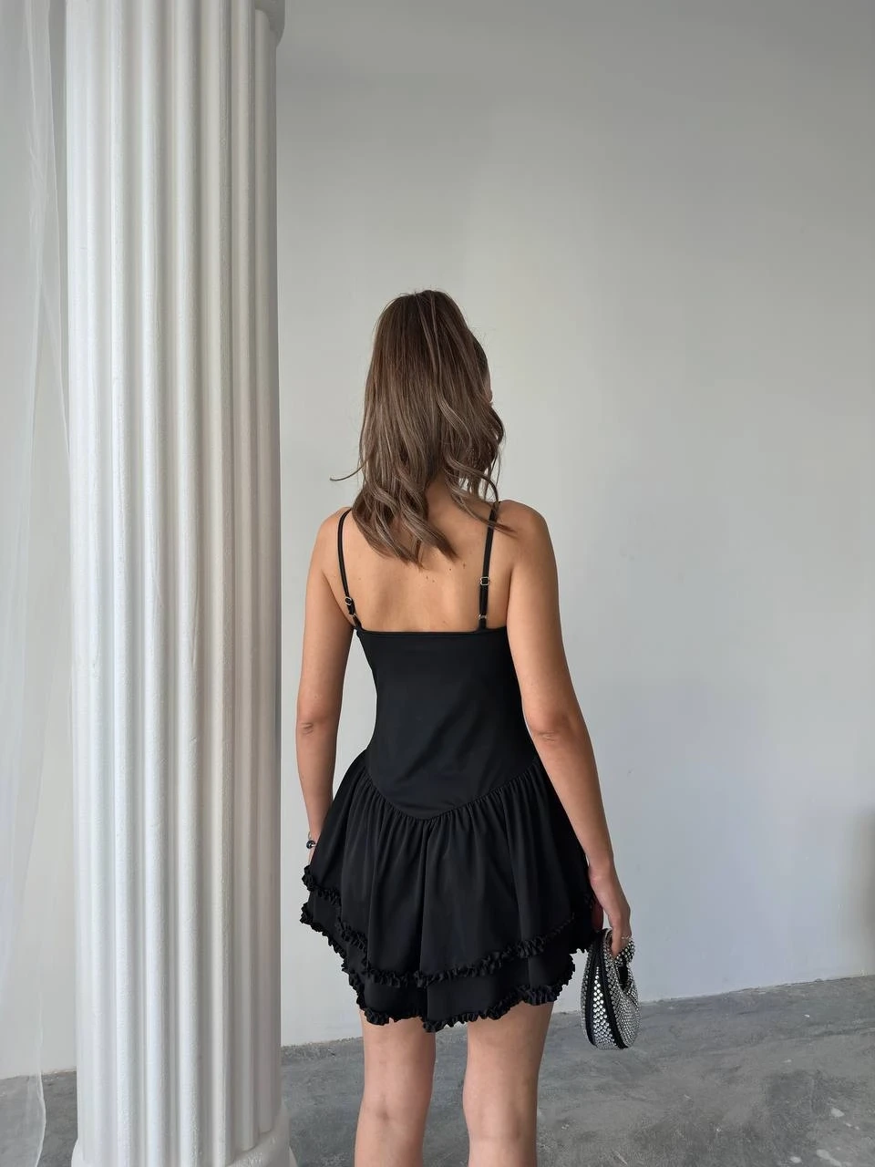 Gloplu Fırfır Detay Mini Elbise Siyah