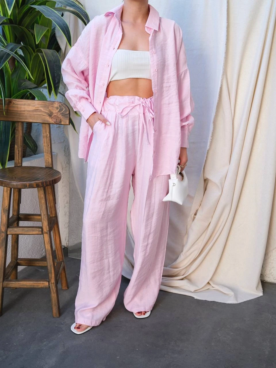 Gömlek Pantalon Modal Kumaş Takım Pudra