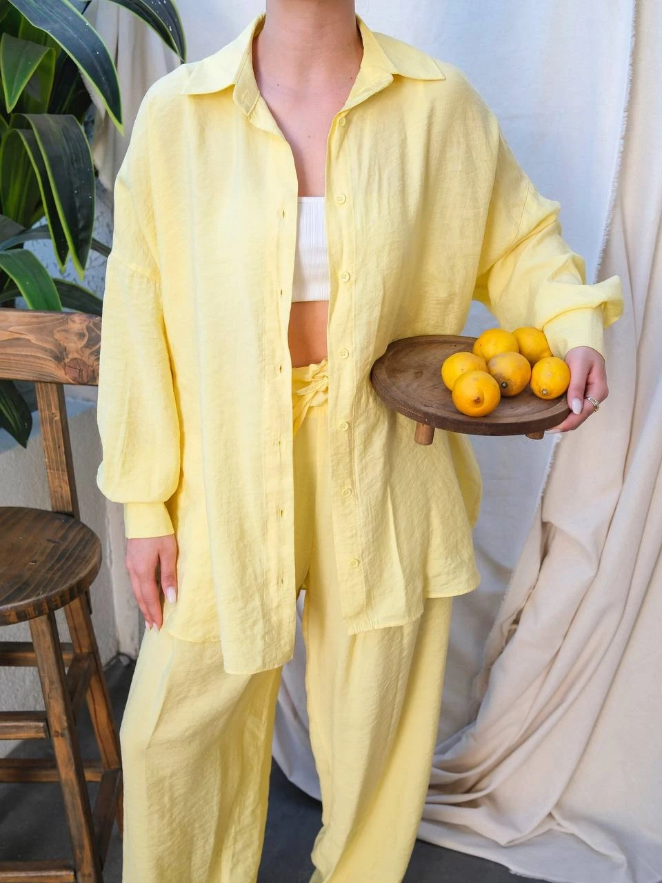 Gömlek Pantalon Modal Kumaş Takım Sarı