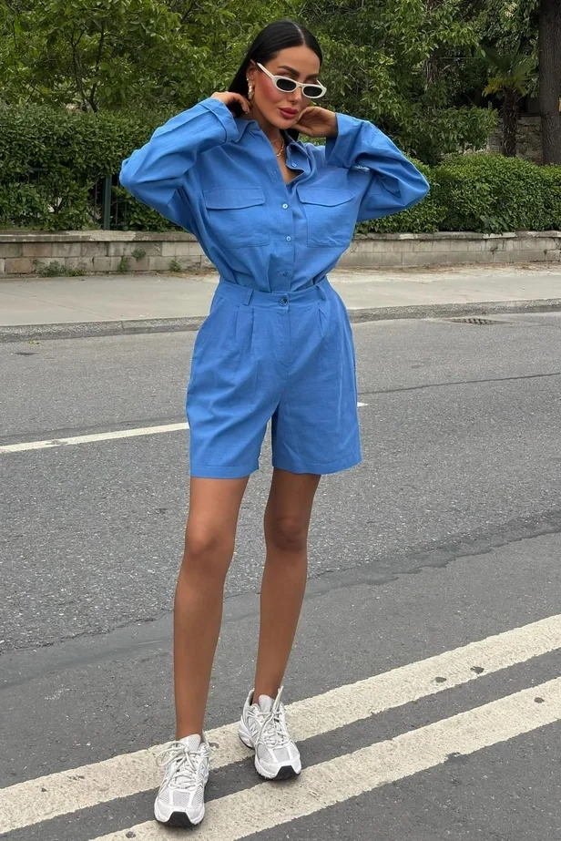 Gömlek Şort Flamlı Ketem Takım Mavi
