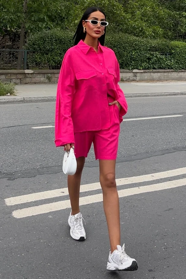 Gömlek Şort Flamlı Ketem Takım Pembe