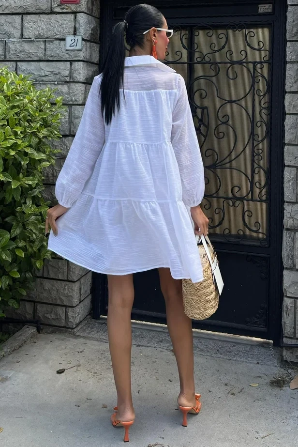 Gömlek Yaka Pileli Elbise Beyaz