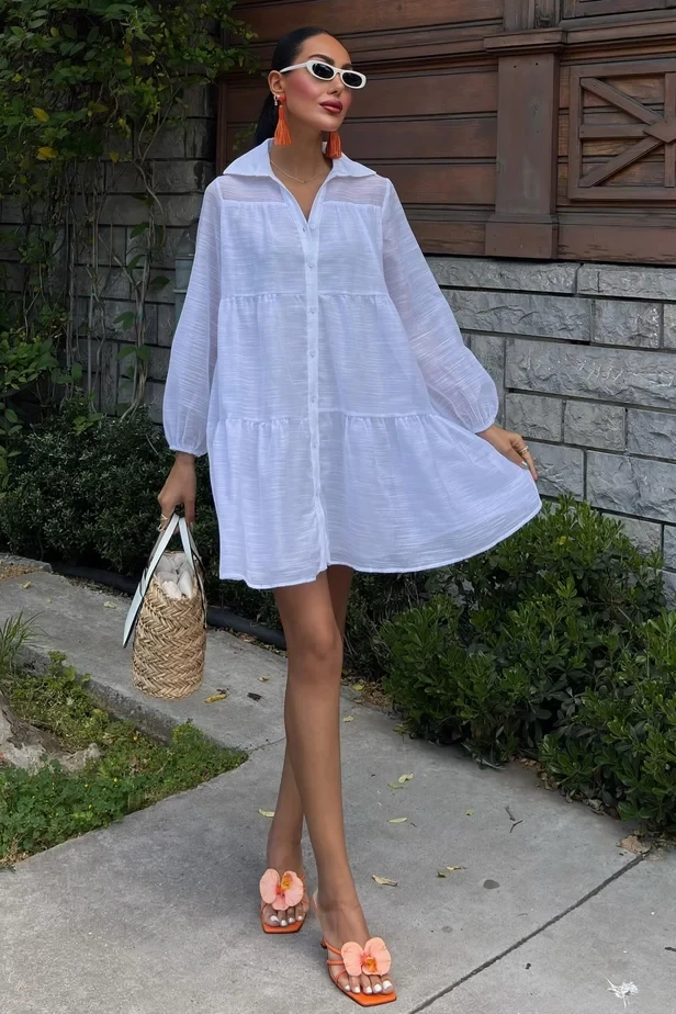 Gömlek Yaka Pileli Elbise Beyaz