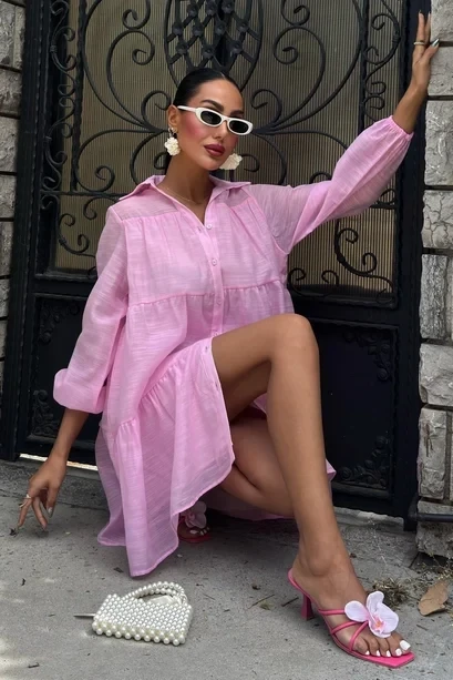 Gömlek Yaka Pileli Elbise Pembe