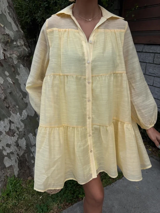 Gömlek Yaka Pileli Elbise Sarı