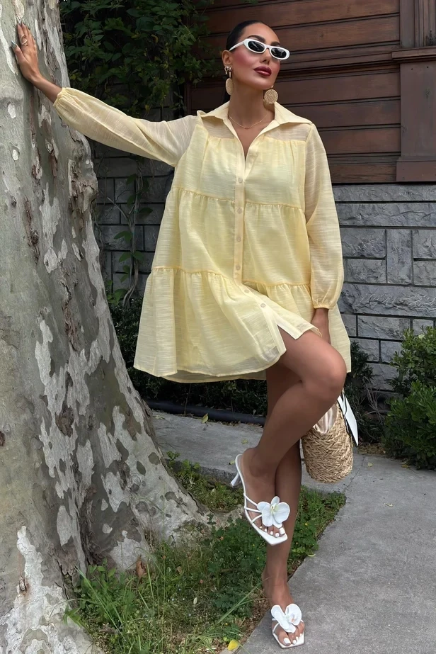 Gömlek Yaka Pileli Elbise Sarı