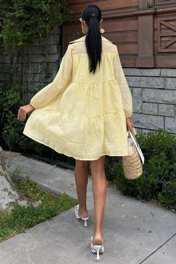 Gömlek Yaka Pileli Elbise Sarı