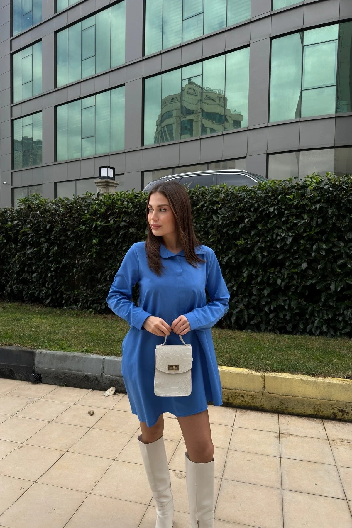 Gömlek Yakalı Asimetrik Tunik Mavi