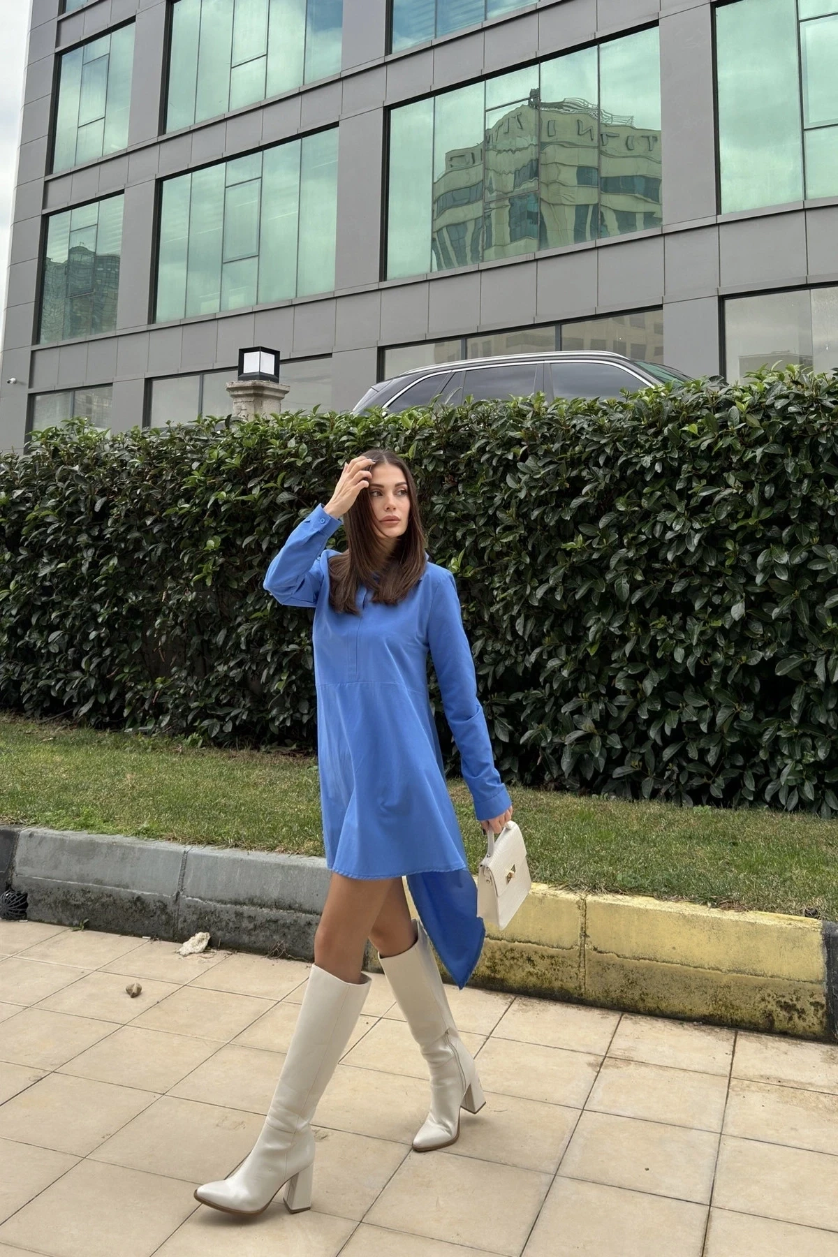 Gömlek Yakalı Asimetrik Tunik Mavi