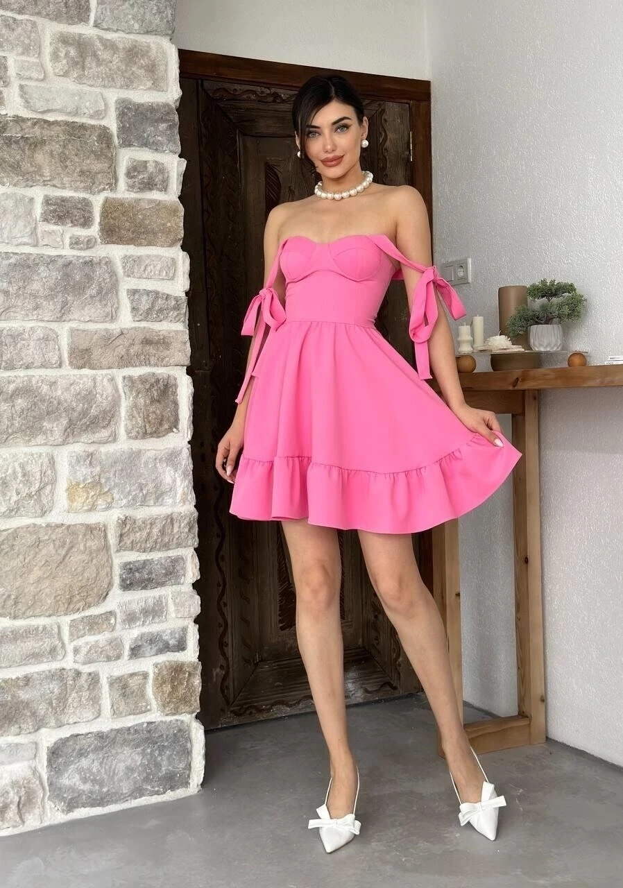 İp Askılı Bağlamalı Atlas Elbise Pembe