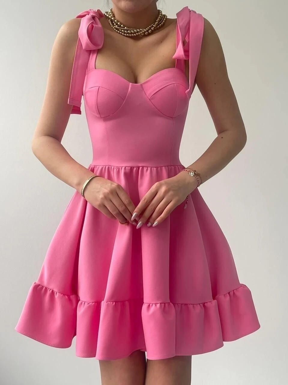 İp Askılı Bağlamalı Atlas Elbise Pembe