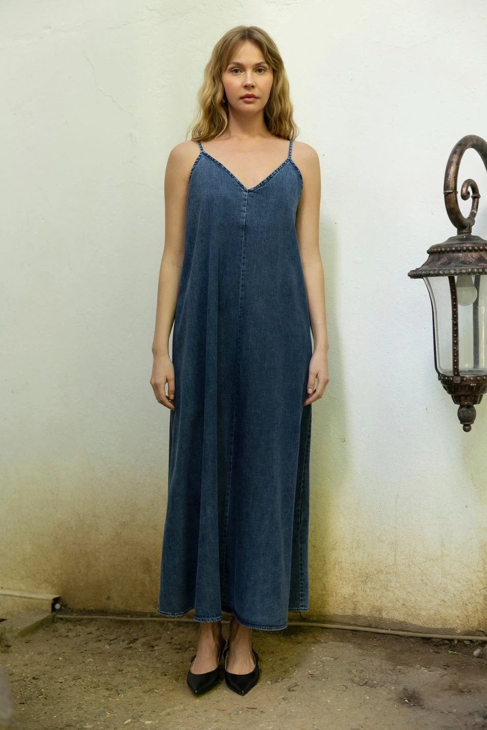 İp Askılı Denim Elbise