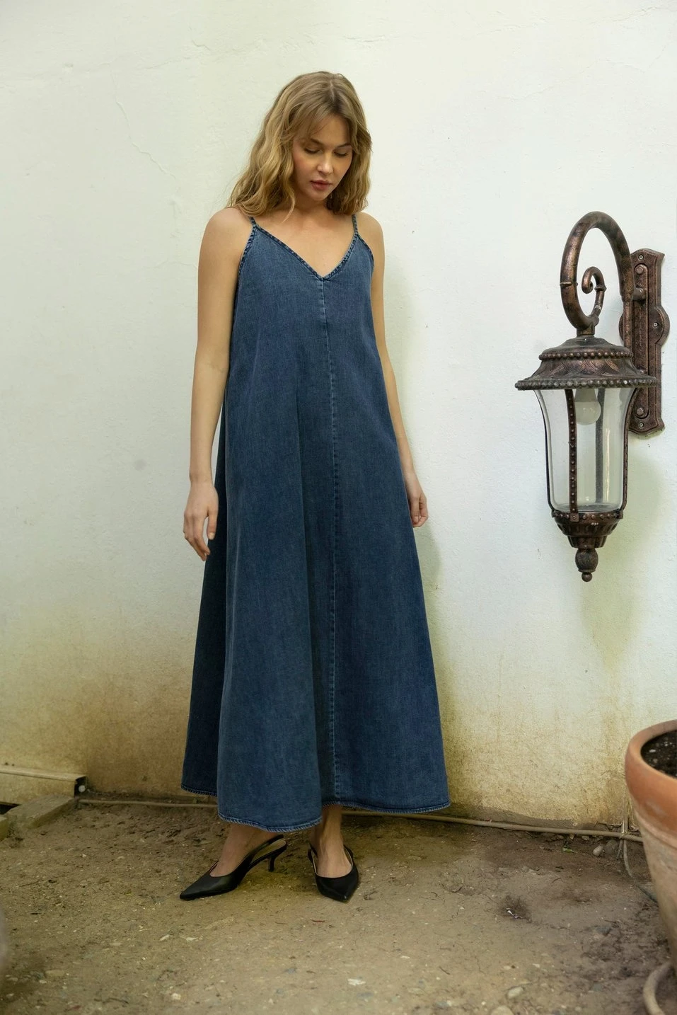 İp Askılı Denim Elbise