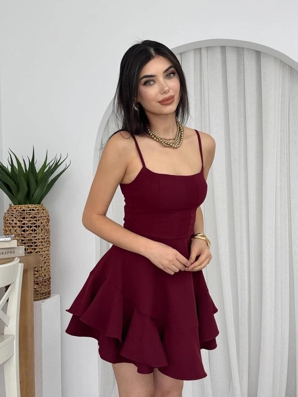 İp Askılı Mini Elbise Bordo