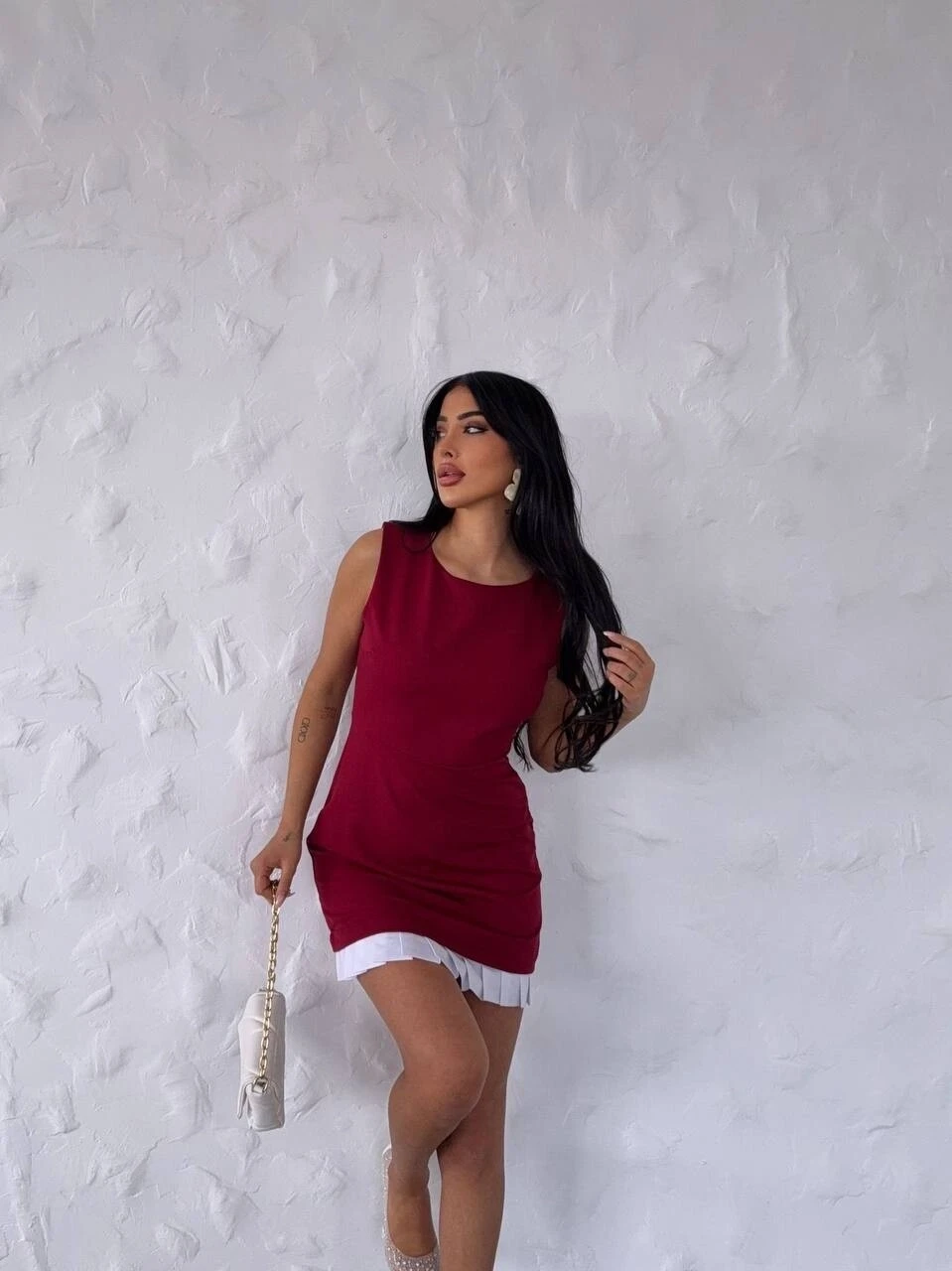 İthal Dabıl Kumaş Pileli Elbise Bordo