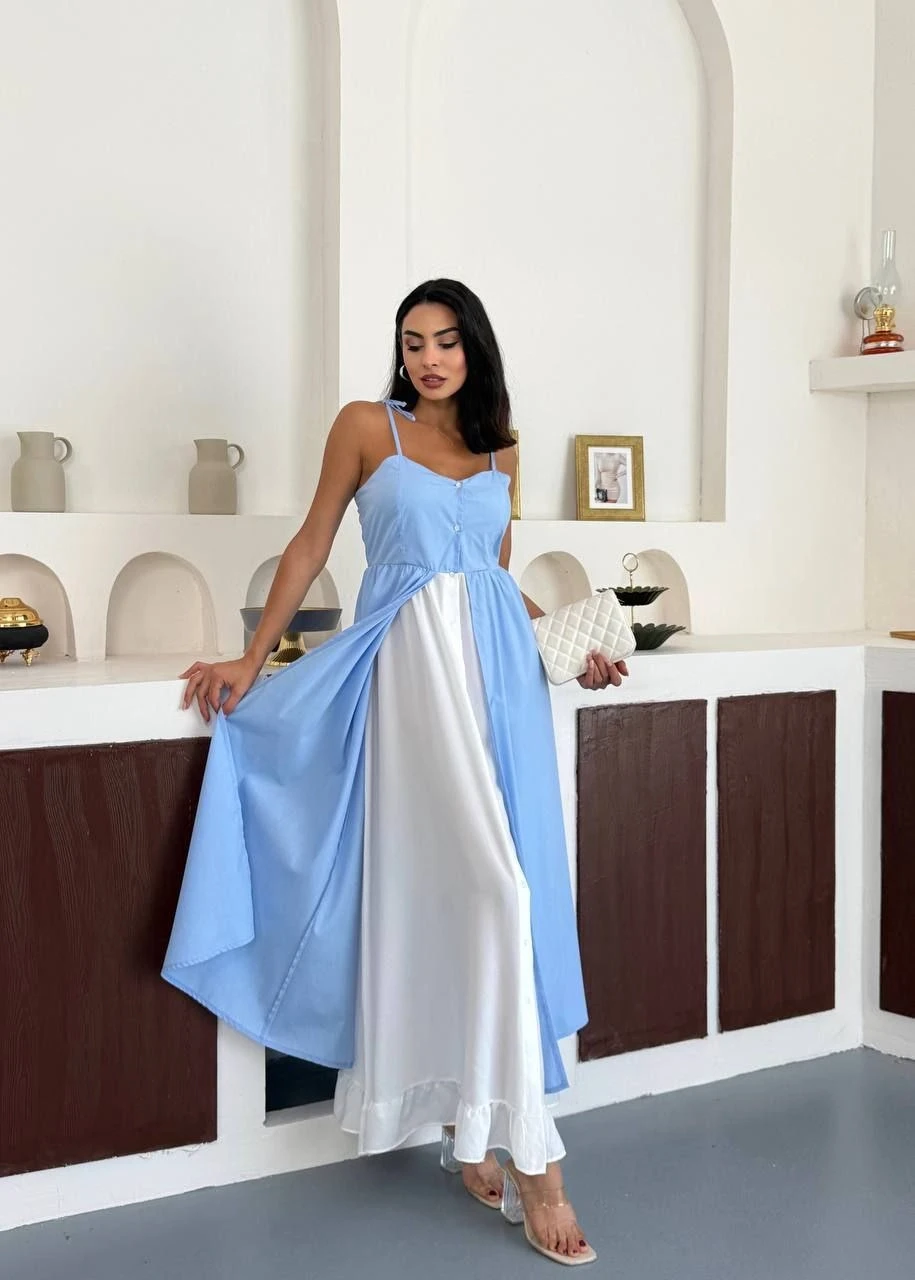 İthal Krep Kumaş Tasarım Elbise Mavi