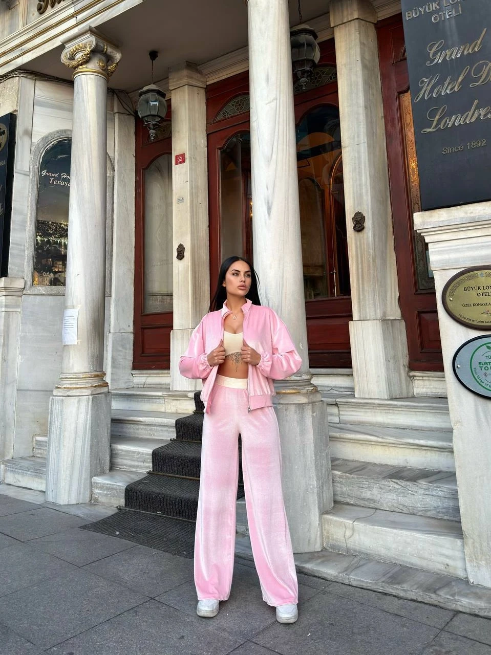 Kadife Fermuarlı Alt Üst Takım Pudra