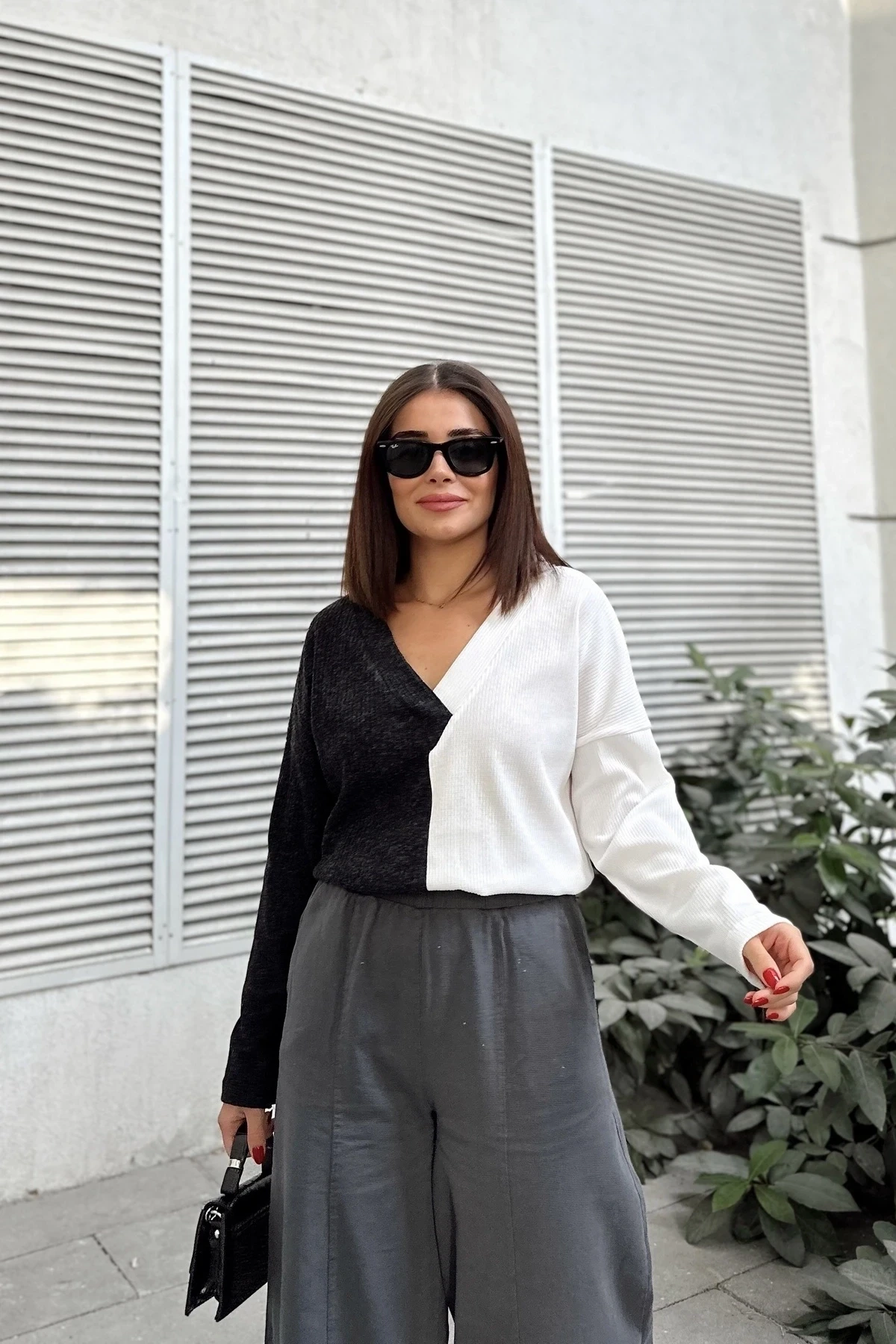 Kadın Antrasit & Ekru Günlük Stil V Yaka Kazak