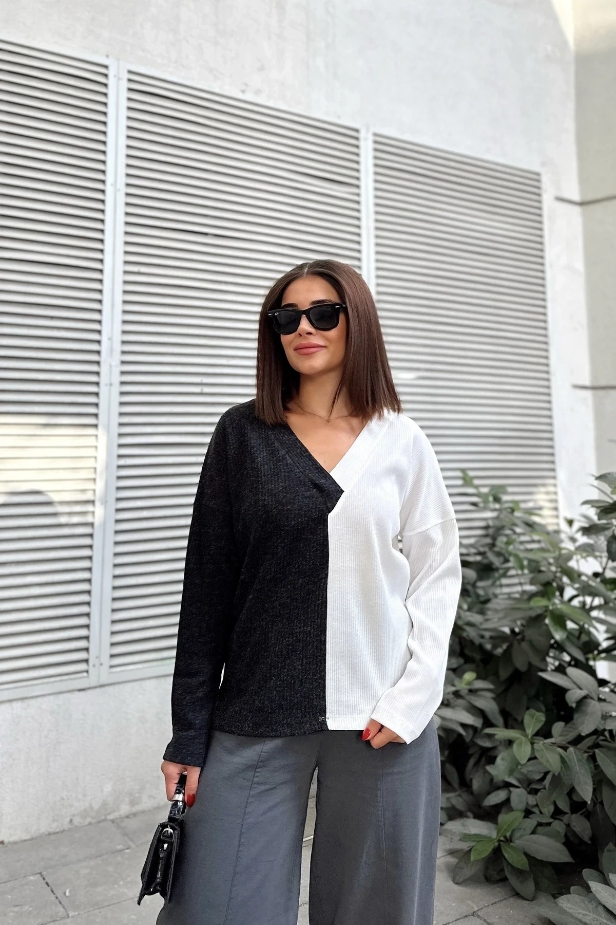 Kadın Antrasit & Ekru Günlük Stil V Yaka Kazak