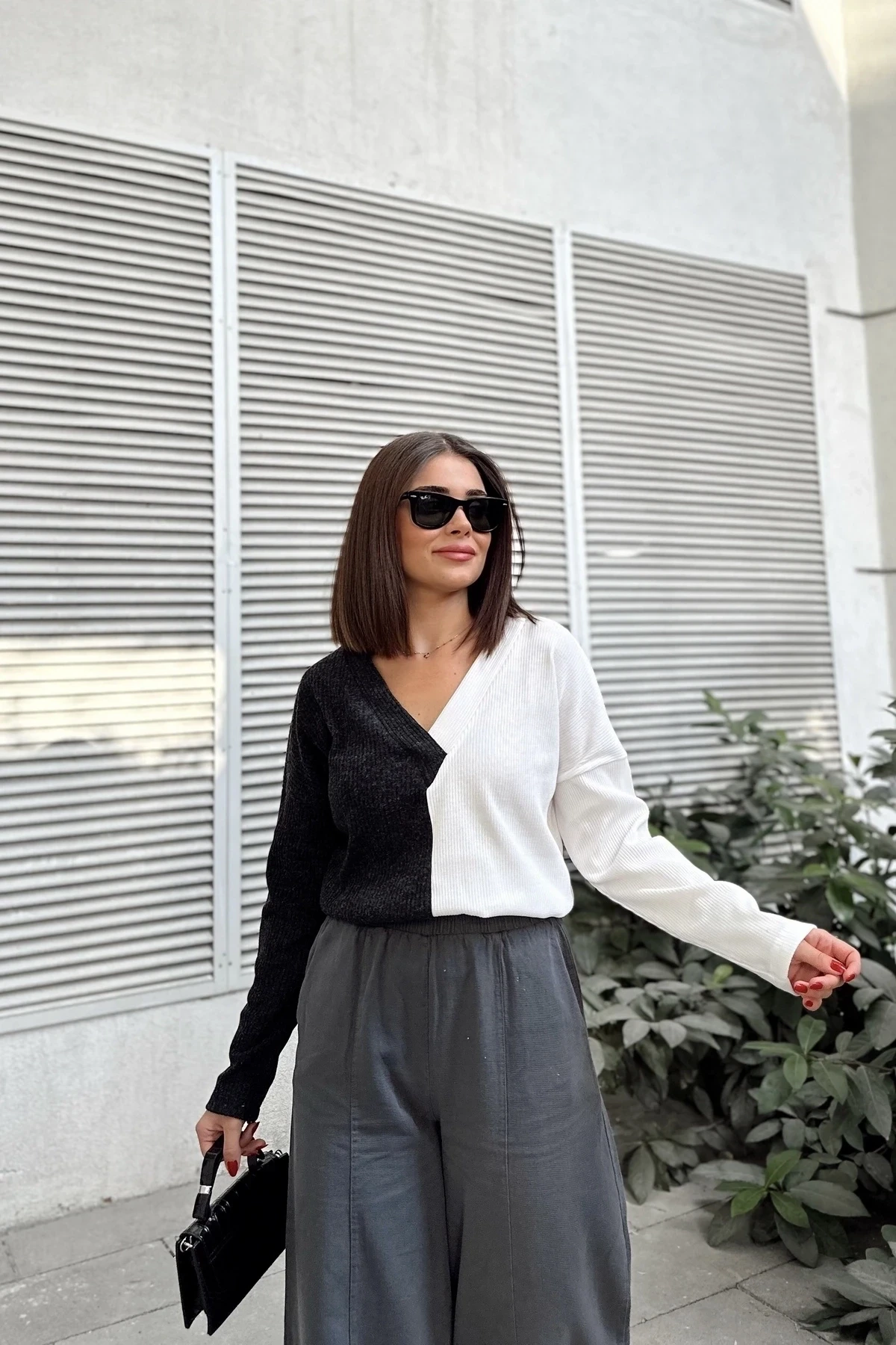 Kadın Antrasit & Ekru Günlük Stil V Yaka Kazak